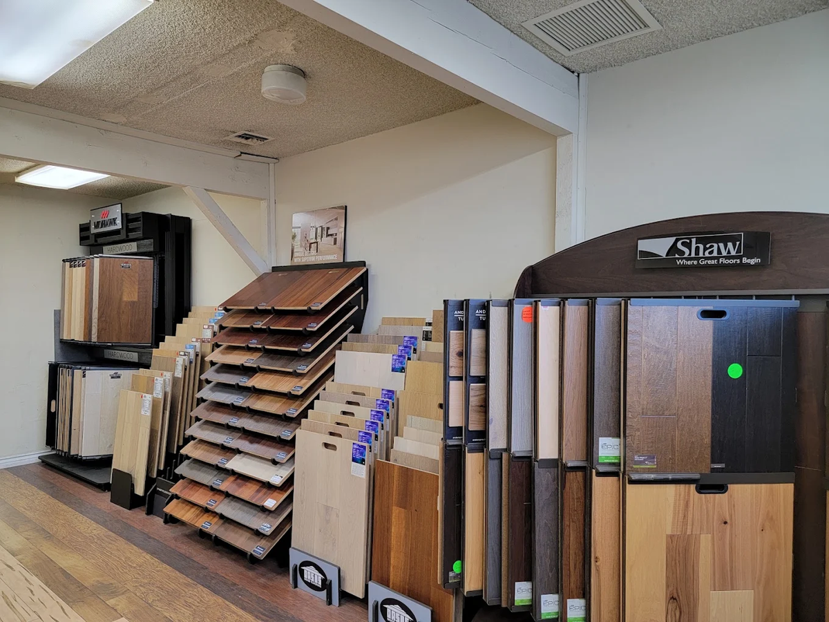 Mohawk and Shaw hardwood flooring samples on display at The Carpet Store in Sylmar