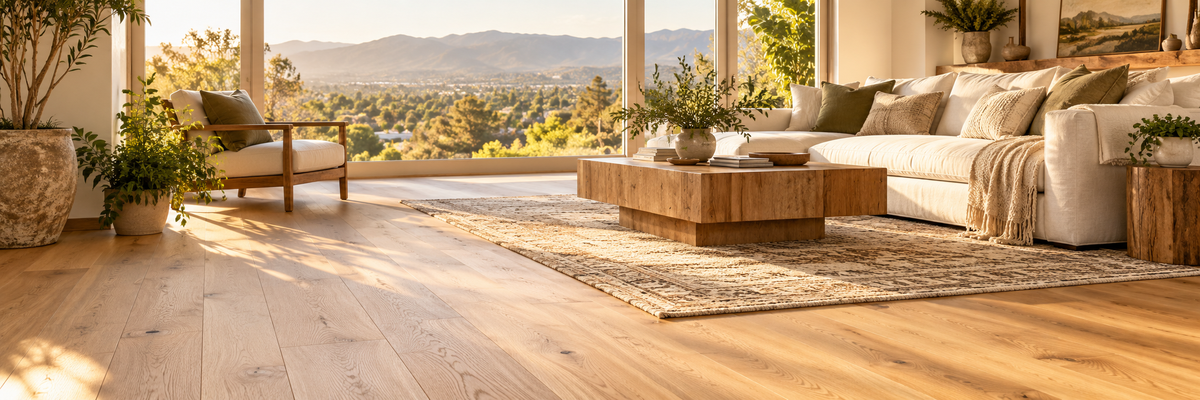 Light oak engineered hardwood flooring in a bright, sunlit living room with neutral furnishings, green plants, and mountain views.