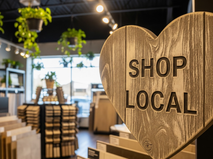 Wooden Shop Local sign in a California flooring showroom