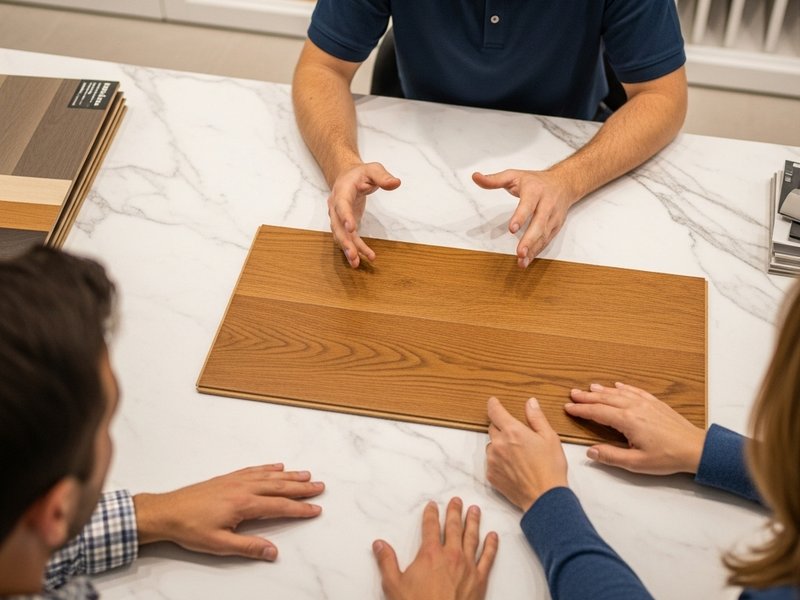 Flooring expert explaining hardwood to a couple in the flooring showroom
