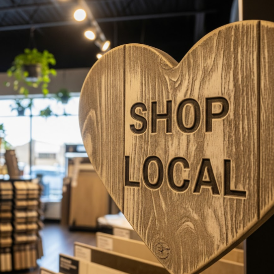 Wooden Shop Local sign in a California flooring showroom